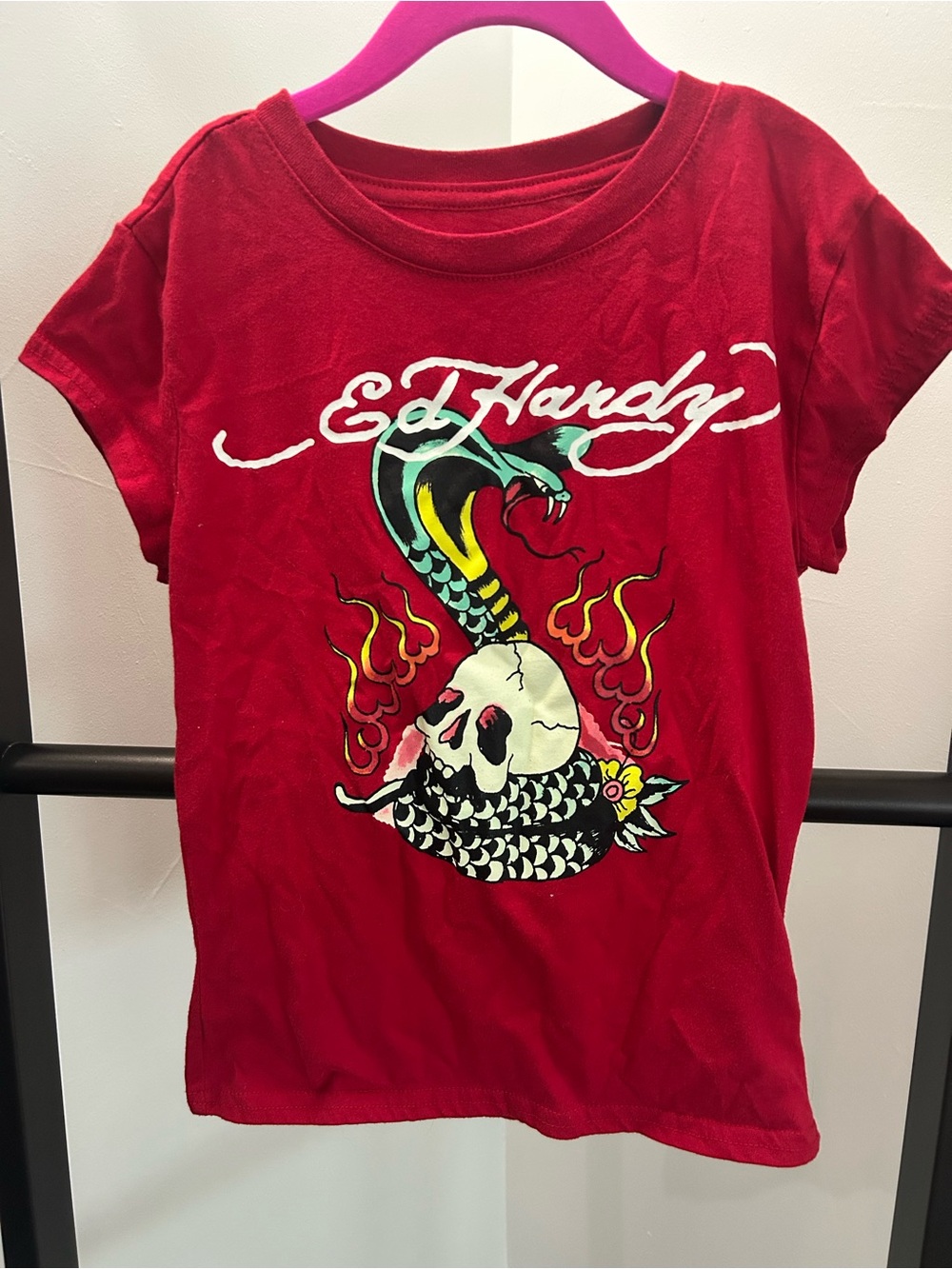 Ed Hardy women Red Graphic Tee - Snake & Skull